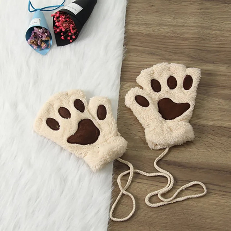 Mitaines en Peluche Patte de Chat Beige – Image 2