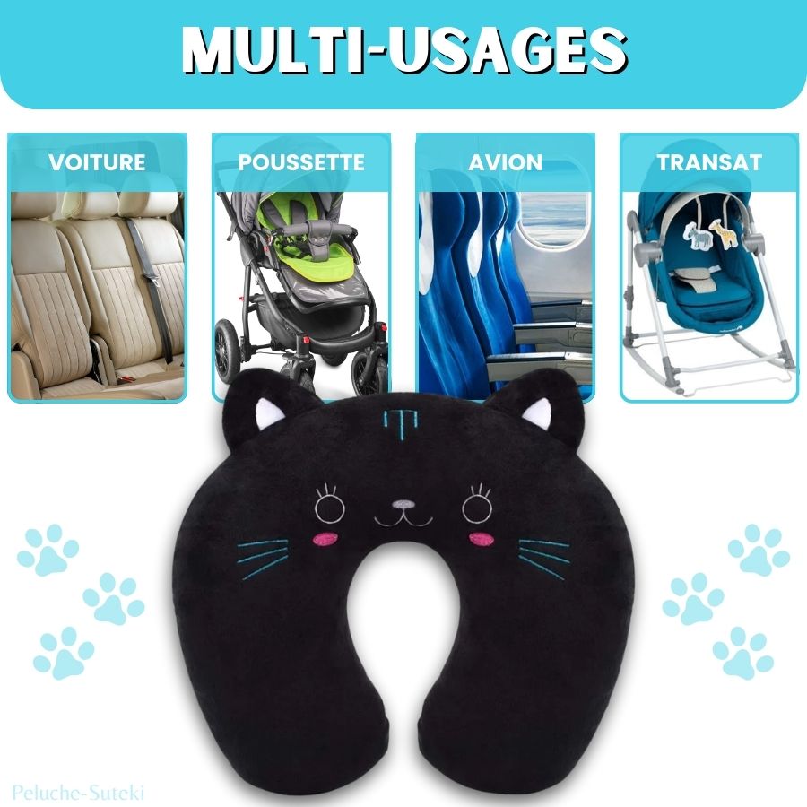 Oreiller de Voyage en Peluche Noir Chat Mignon – Image 3