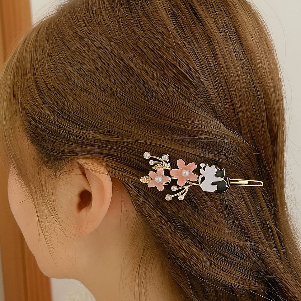 Barrette à Cheveux Dorée Fleurs Roses et Chats Câlins – Image 2