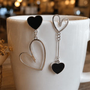 Boucles d'Oreilles Asymétriques en Cœur Noir