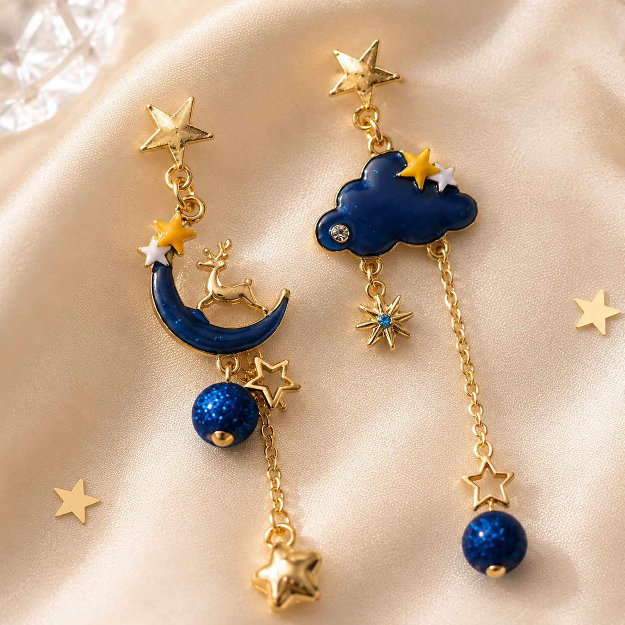 Boucles d'Oreilles Lune et Nuage Bleu