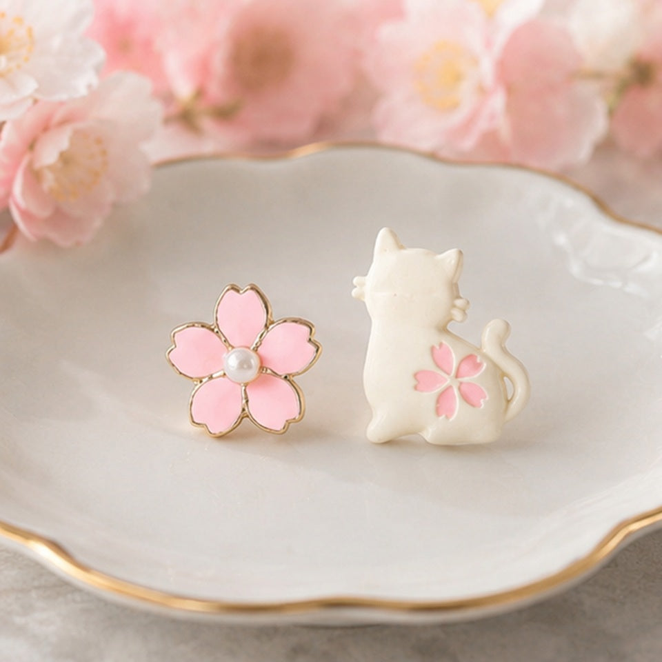 Boucles d'oreilles Chat blanc et Sakura Rose – Image 6