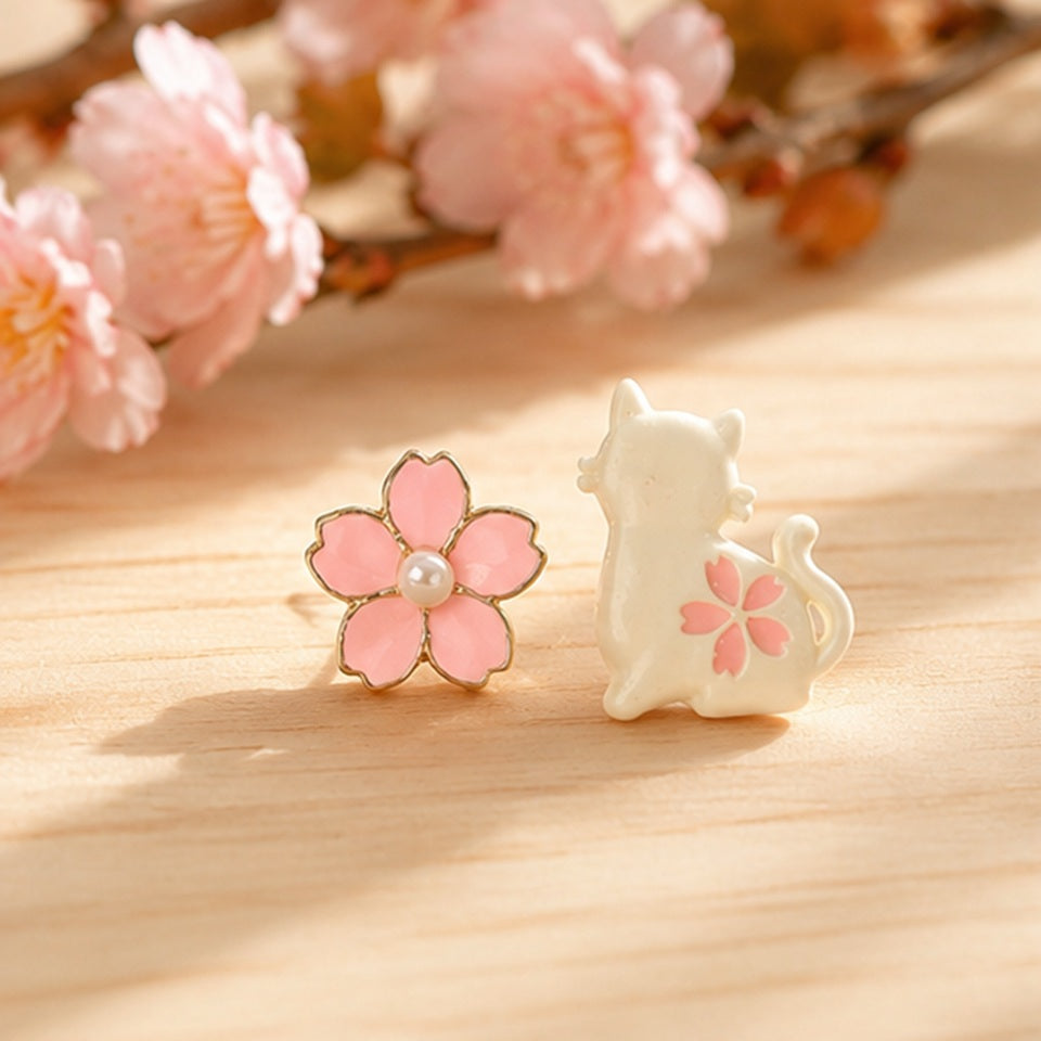 Boucles d'oreilles Chat blanc et Sakura Rose – Image 5