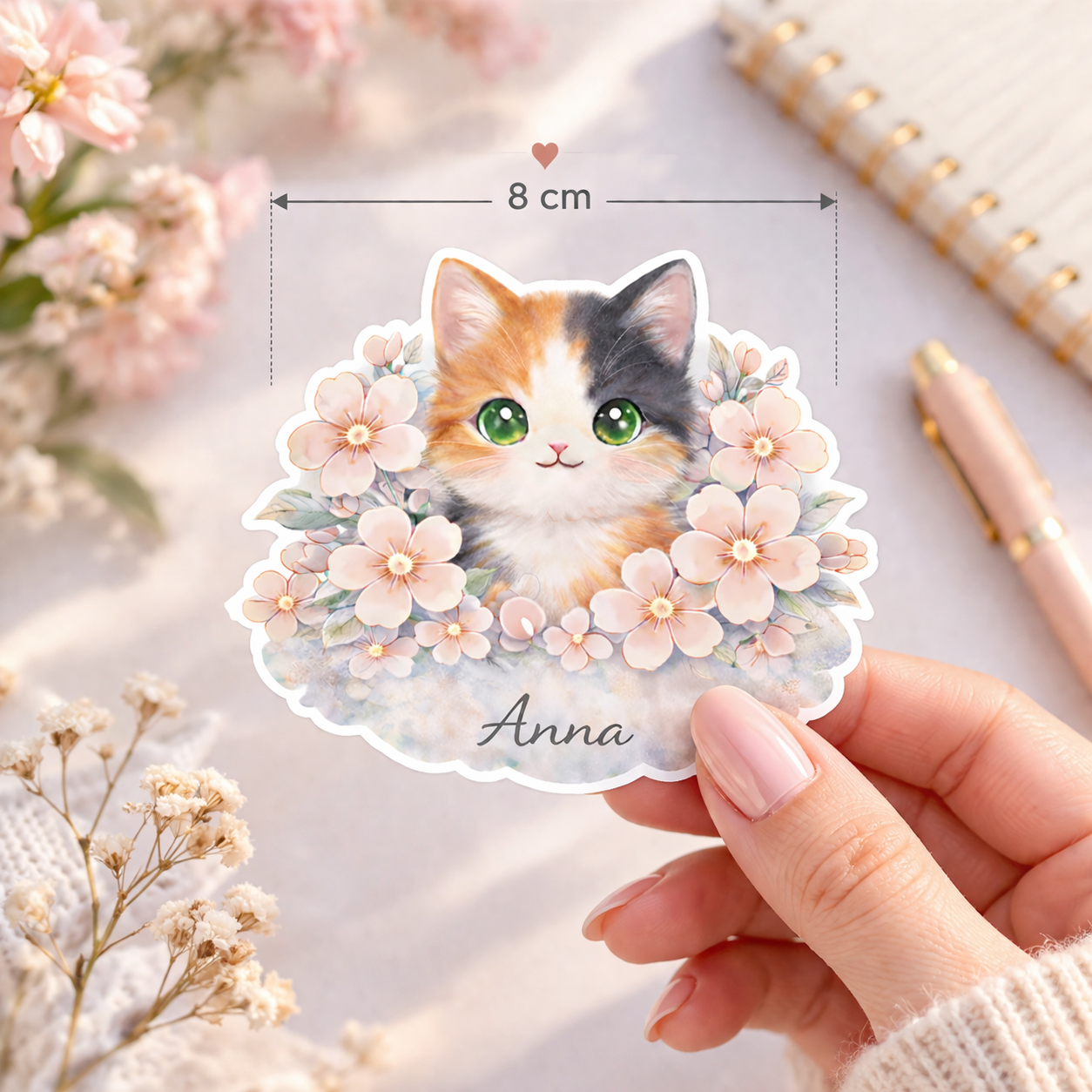 Sticker Prénom Personnalisé Chat et Fleurs – Image 2