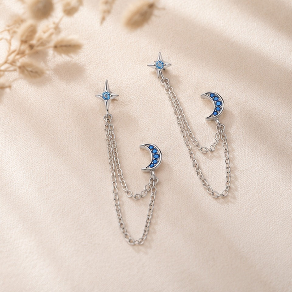 Boucles d'Oreilles Lune et Étoile en Strass Bleu – Image 3