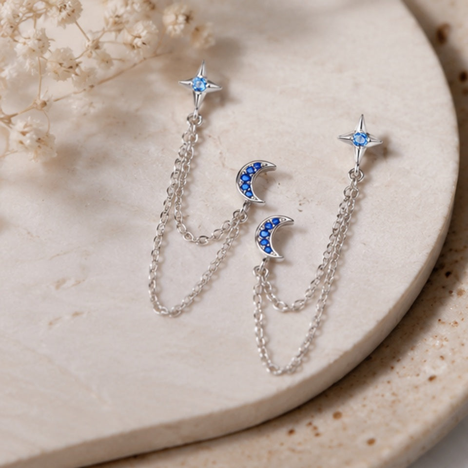 Boucles d'Oreilles Lune et Étoile en Strass Bleu – Image 2