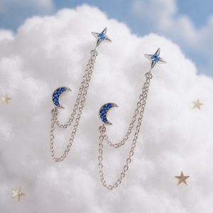 Boucles d'Oreilles Lune et Étoile en Strass Bleu