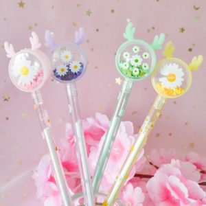 Stylo Gel Cerf avec Paillettes et Marguerites