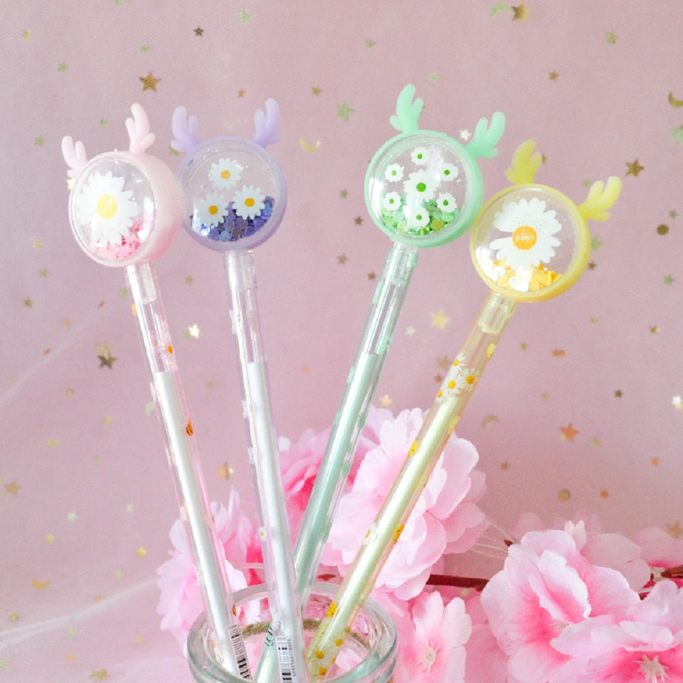 Stylo Gel Cerf avec Paillettes et Marguerites – Image 2