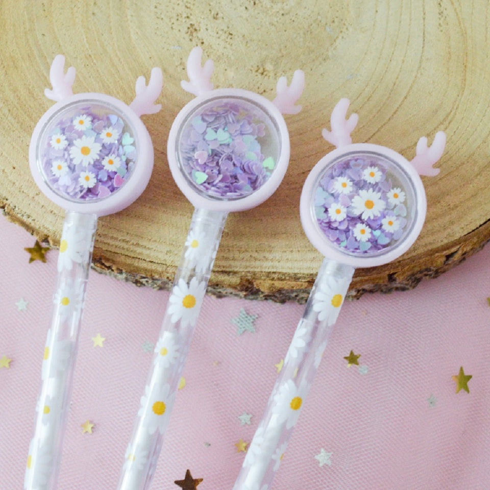 Stylo Gel Cerf avec Paillettes et Marguerites – Image 5