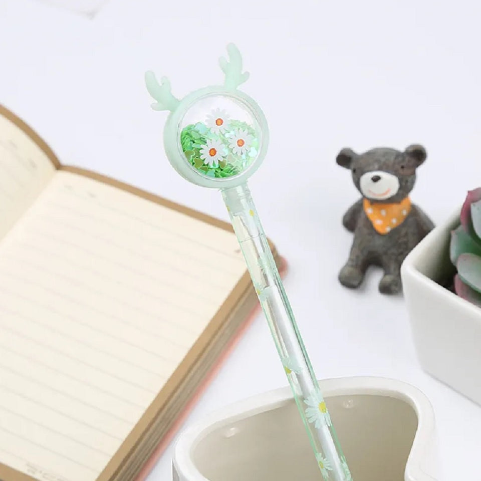 Stylo Gel Cerf avec Paillettes et Marguerites – Image 4