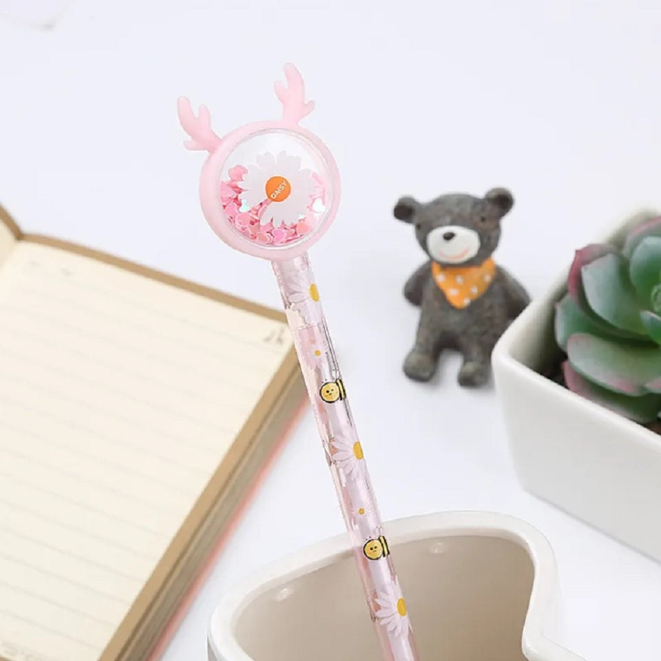 Stylo Gel Cerf avec Paillettes et Marguerites – Image 3