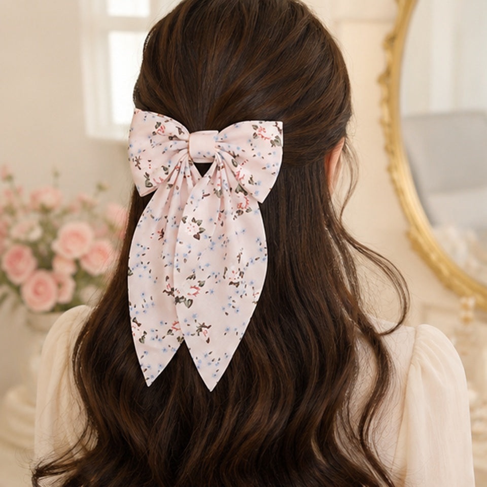 Grand Nœud Cheveux Rose Pâle Fleuri Romantique – Image 2