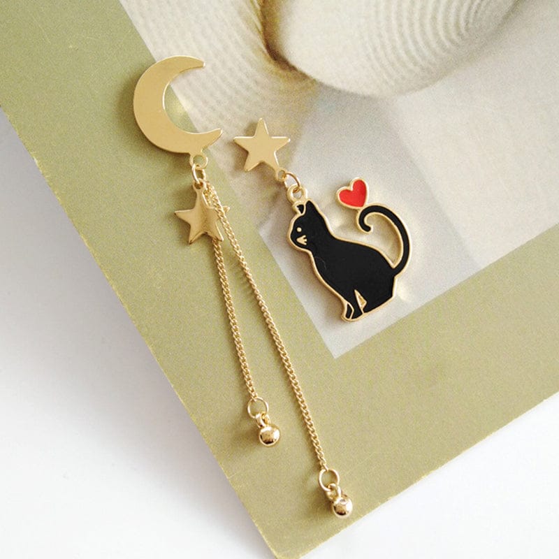 Boucle d'Oreille Asymétrique Dorée Chat, Lune et Étoiles – Image 2
