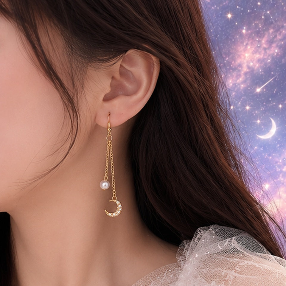 Boucles d'Oreilles Asymétriques Lune Étoile et Perles – Image 4