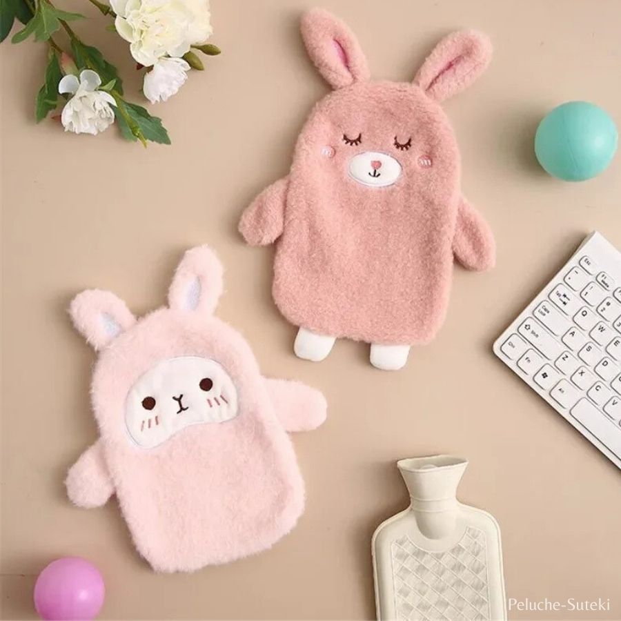 Bouillotte en Peluche Lapin Rose Pâle au Visage Kawaii – Image 5