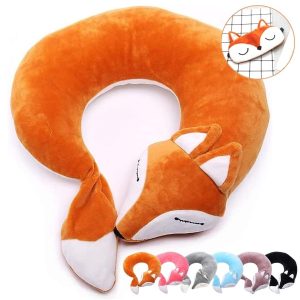Coussin de Voyage en Peluche Renard Orange avec Masque