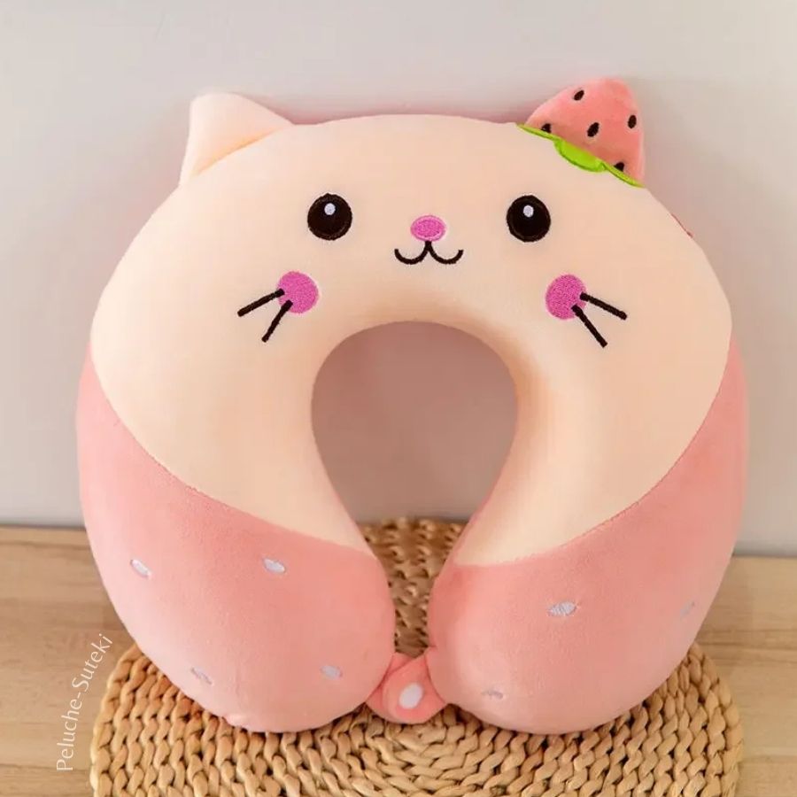 Coussin de Voyage en Peluche Chat Rose avec Fraise – Image 2