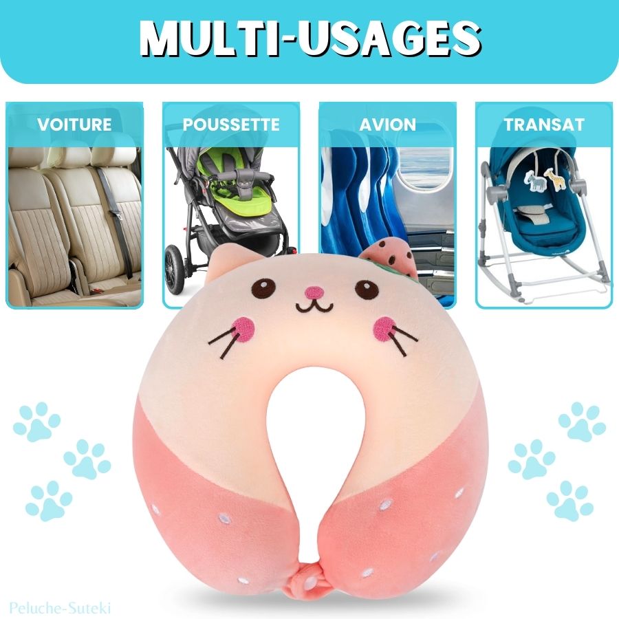 Coussin de Voyage en Peluche Chat Rose avec Fraise – Image 4