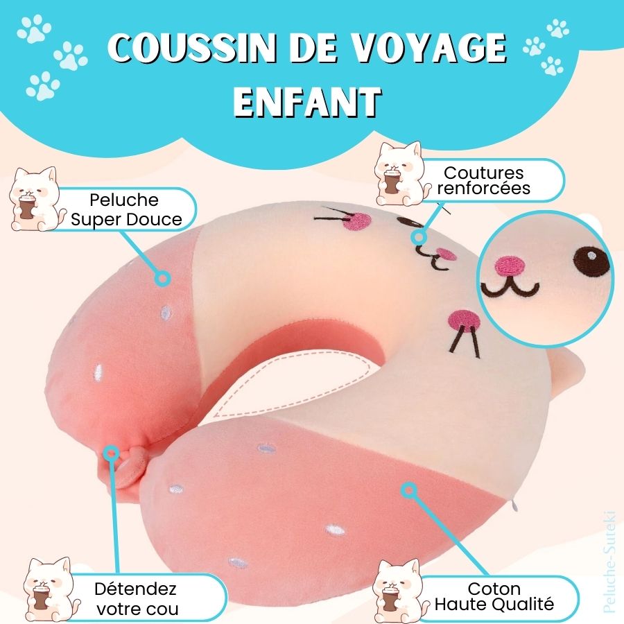 Coussin de Voyage en Peluche Chat Rose avec Fraise – Image 3