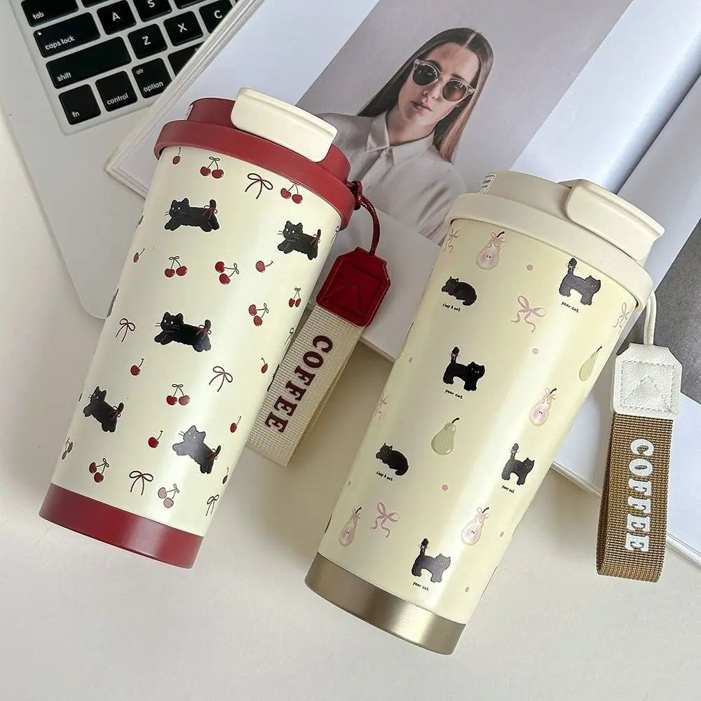 Tasse Isotherme Blanc à Motifs Chats Cerises Bordeaux – Image 2