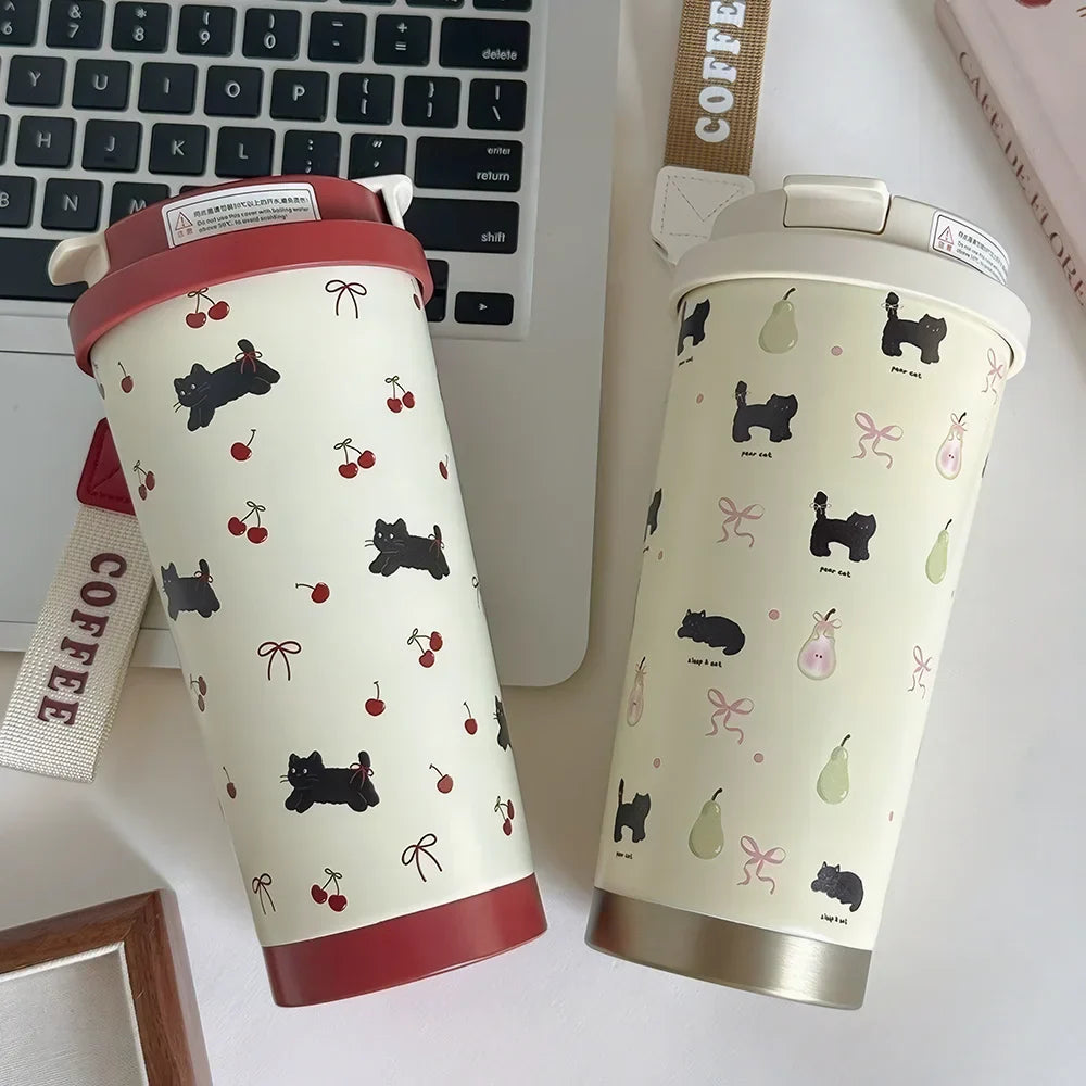 Tasse Isotherme Blanc à Motifs Chats Cerises Bordeaux – Image 3