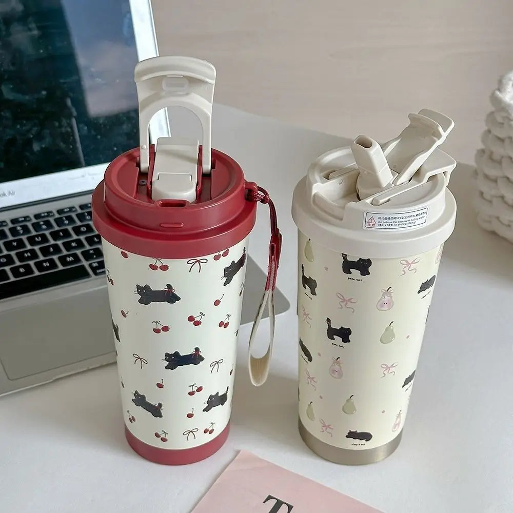 Tasse Isotherme Blanc à Motifs Chats Cerises Bordeaux – Image 4