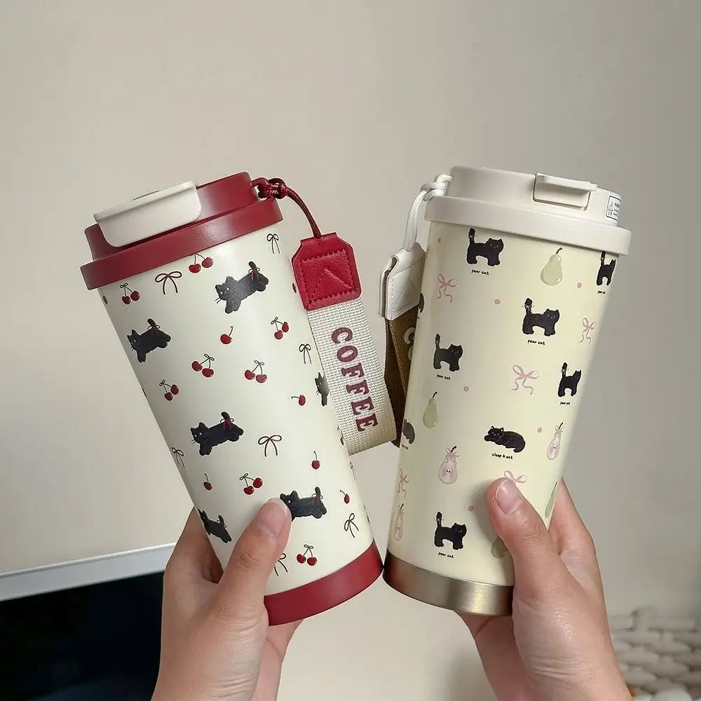 Tasse Isotherme Blanc à Motifs Chats Cerises Bordeaux – Image 5