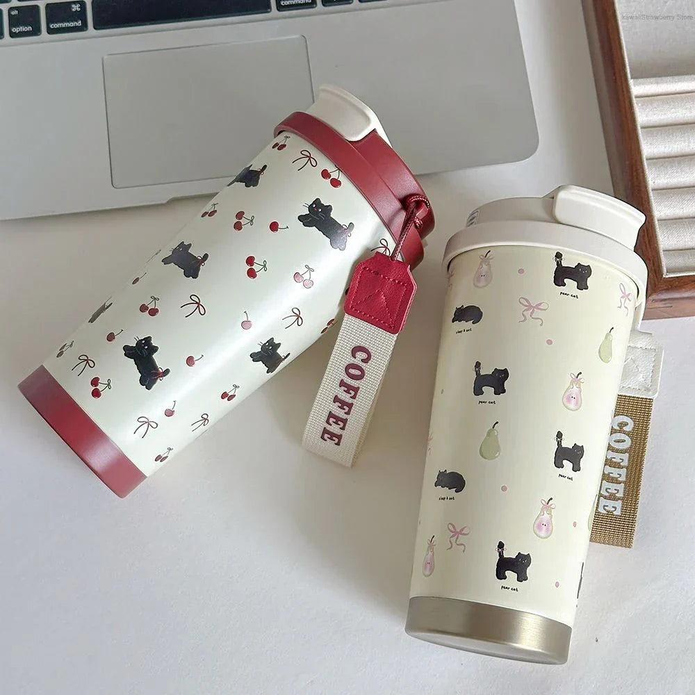 Tasse Isotherme Blanc à Motifs Chats Cerises Bordeaux – Image 9