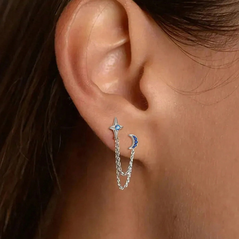 Boucles d'Oreilles Lune et Étoile en Strass Bleu – Image 4