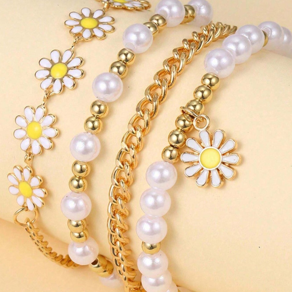 Bracelet en Marguerite et Perles (Lot de 4) – Image 2