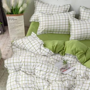 Housse de Couette à Motif Quadrillé Vert Anis et Blanc