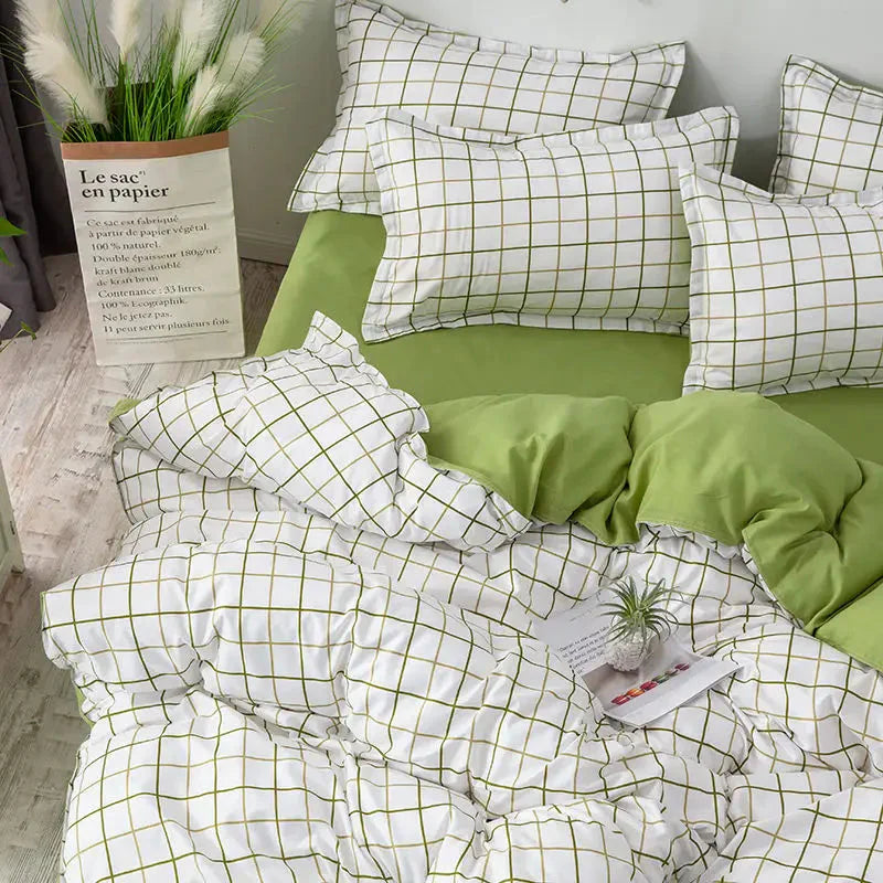 Housse de Couette à Motif Quadrillé Vert Anis et Blanc