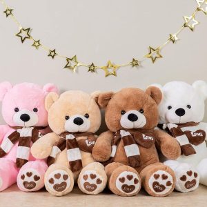 Ours en Peluche Beige à Écharpe Rayée et Pattes Cœurs