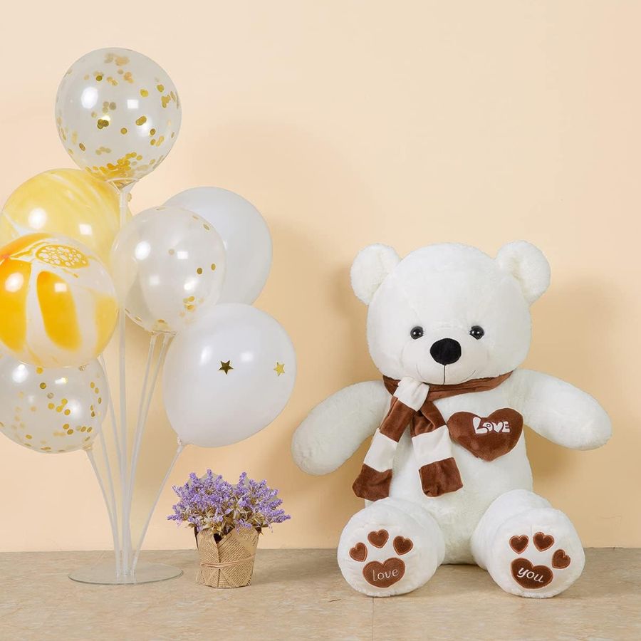 Ours en Peluche Beige à Écharpe Rayée et Pattes Cœurs – Image 7