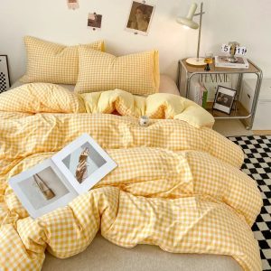 Parure de Lit Jaune Pâle à Motif Vichy