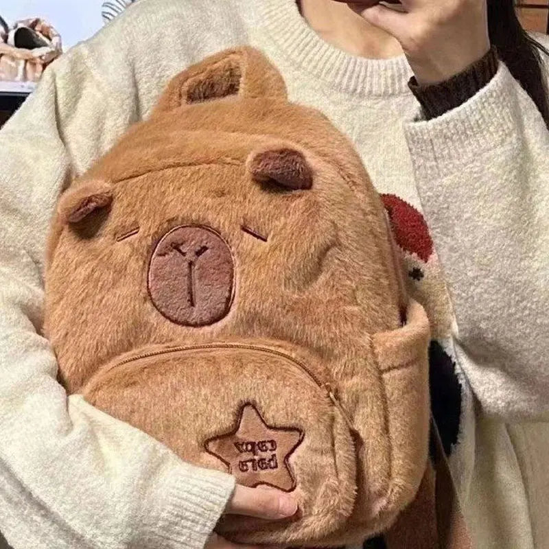 Mini Sac à Dos en Peluche Marron Capybara Brodé – Image 2
