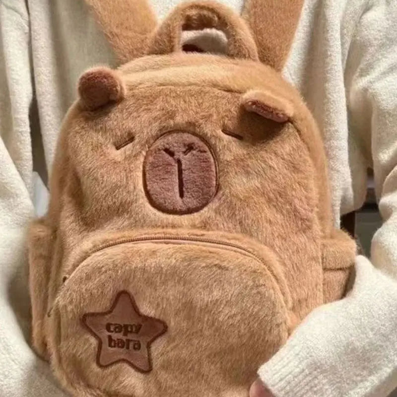 Mini Sac à Dos en Peluche Marron Capybara Brodé – Image 3