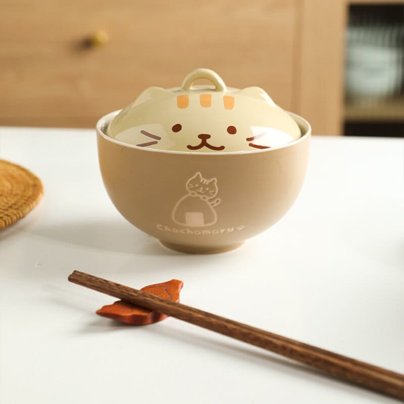 Bol en Céramique Kawaii à Tête de Chat Brun Foncé – Image 6