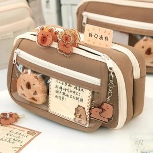 Trousse Kawaii Taupe avec Vitrine Animaux et Zip Blanc