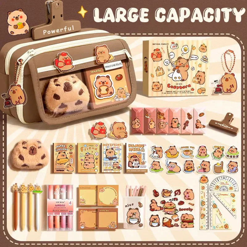 Trousse Kawaii Taupe avec Vitrine Animaux et Zip Blanc – Image 2