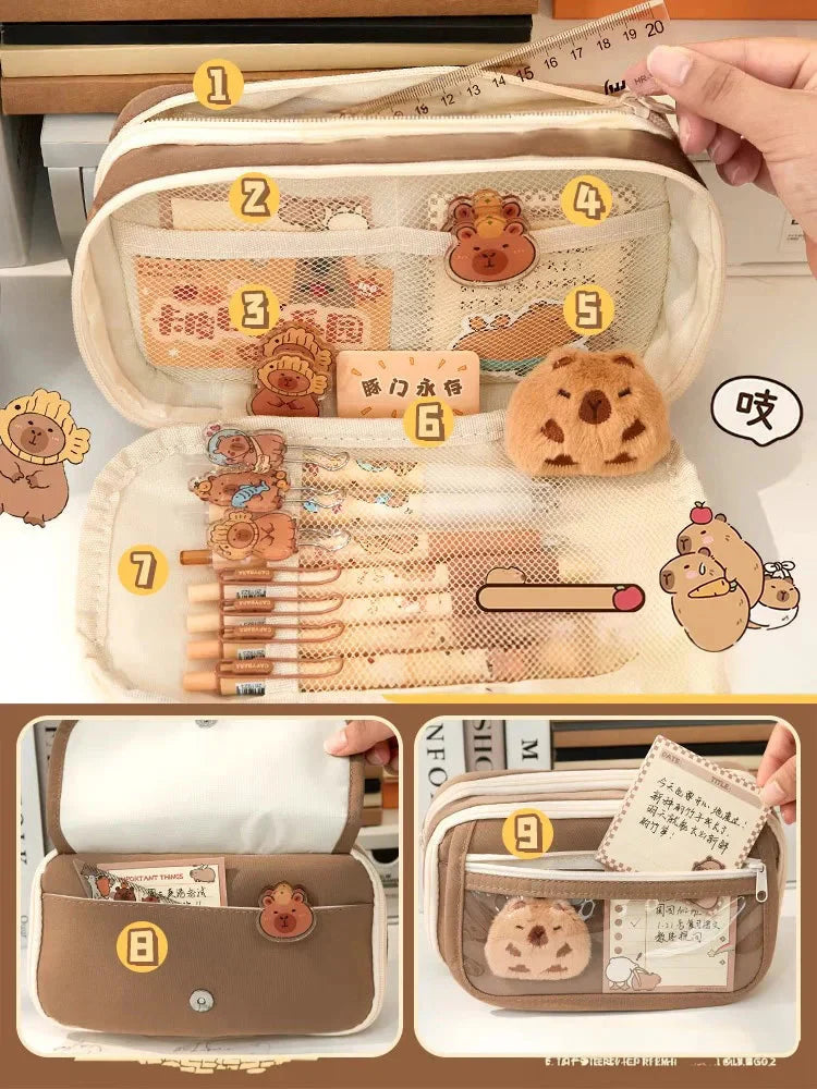 Trousse Kawaii Taupe avec Vitrine Animaux et Zip Blanc – Image 5