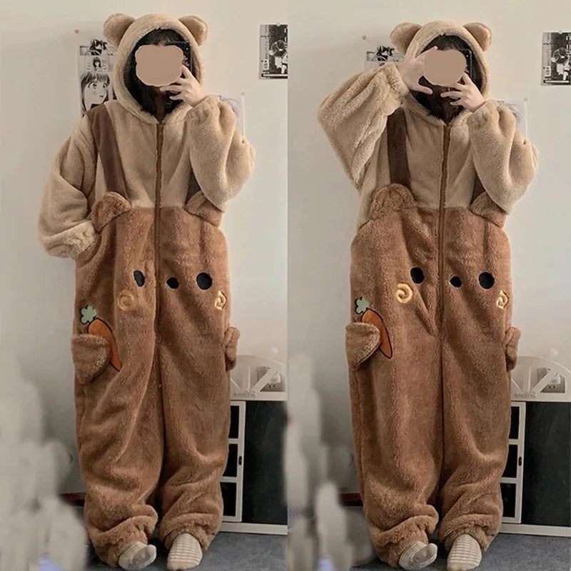Onesie kawaii ours marron à capuche à oreilles chaud et duveteux - Câlin Kawaii