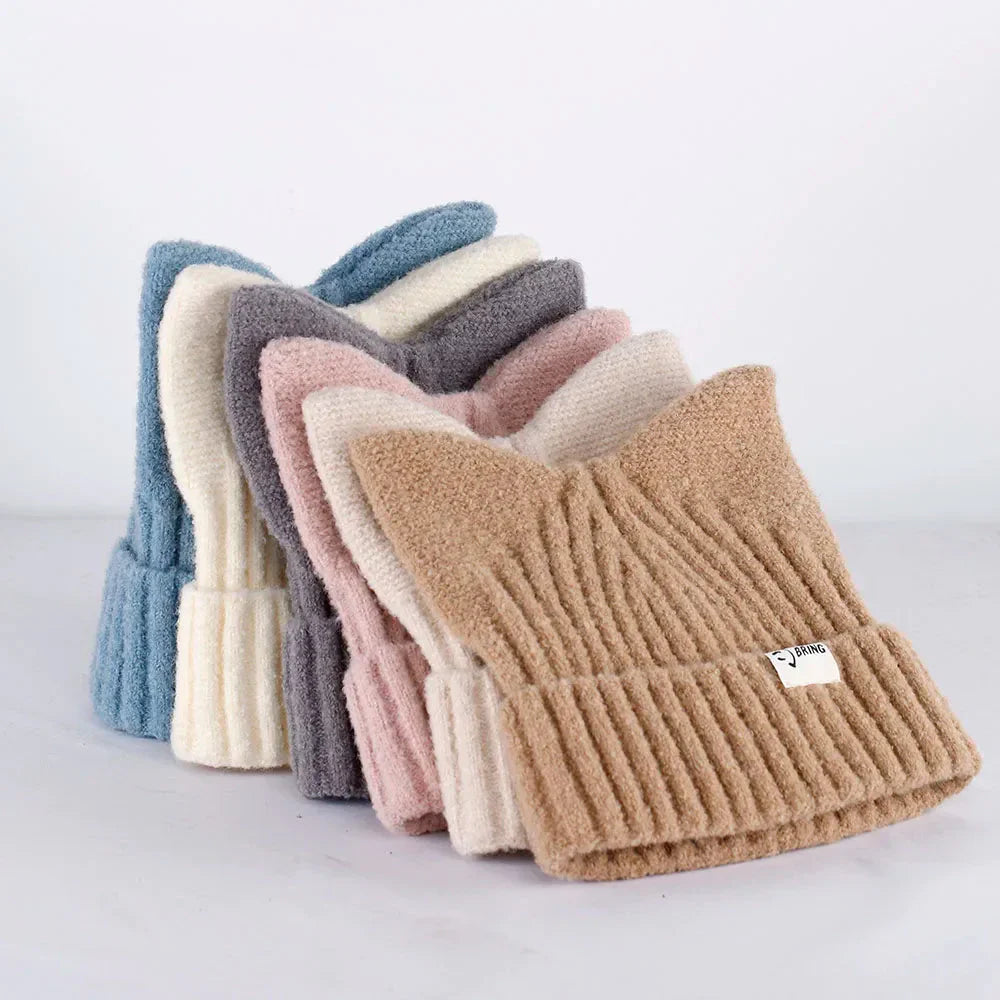 Bonnet Côtelé Doux à Oreilles de Chat Beige – Image 4