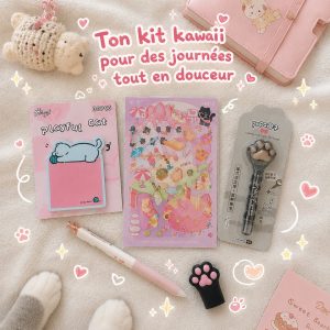 Kit de Papeterie Kawaii Patte de Chat Rose et Noir