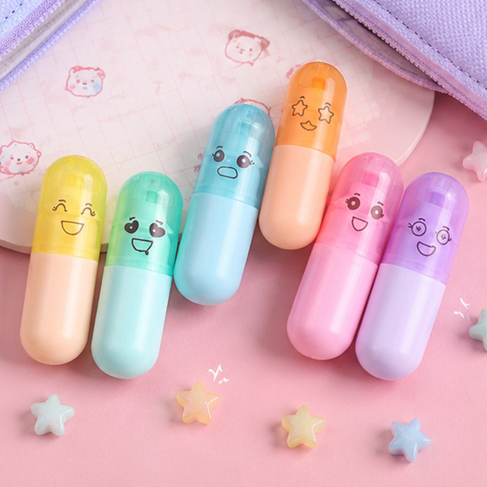 Lot de 6 Surligneurs en Capsule à Visages Mignons – Image 2