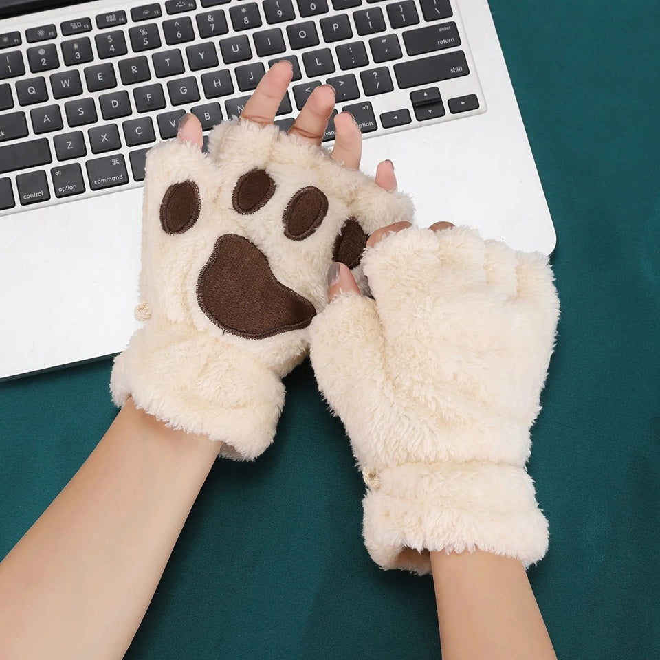 Mitaines en Peluche Patte de Chat Beige – Image 3