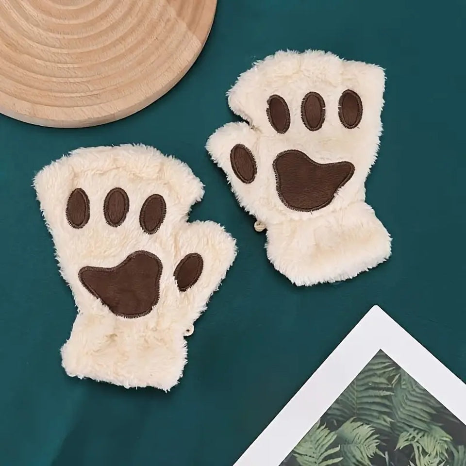 Mitaines en Peluche Patte de Chat Beige – Image 4