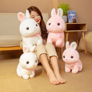 Peluche Lapin Blanche et Rose Pâle à Nœud