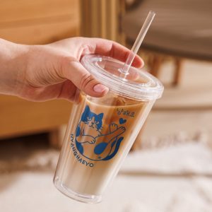Gobelet en Plastique Transparent Chat Bleu avec Paille